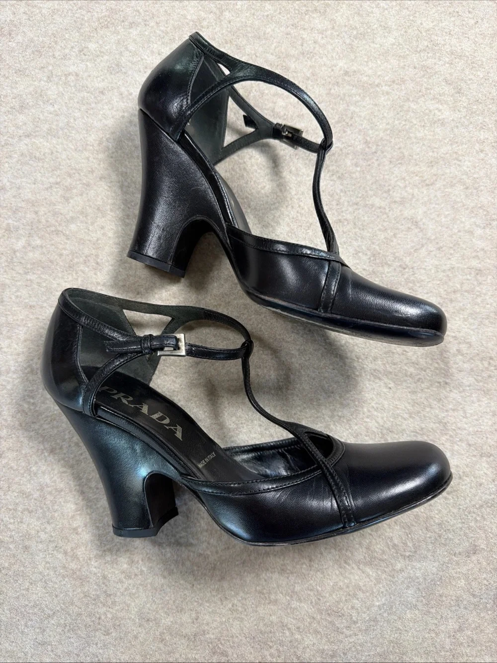 Prada Black Leather T-Strap Block Heel Pumps